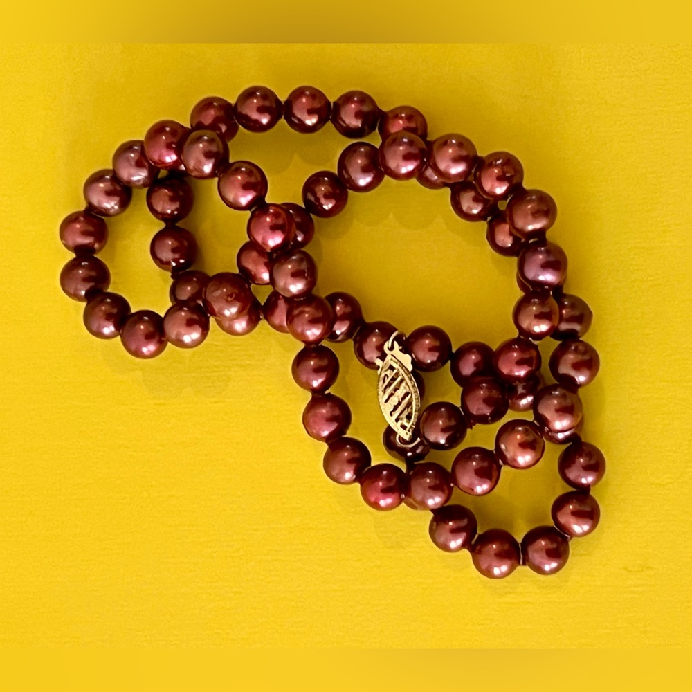 Burgundy Bronze Cultured Pearl Necklace with 14K Gold Clasp- 18”